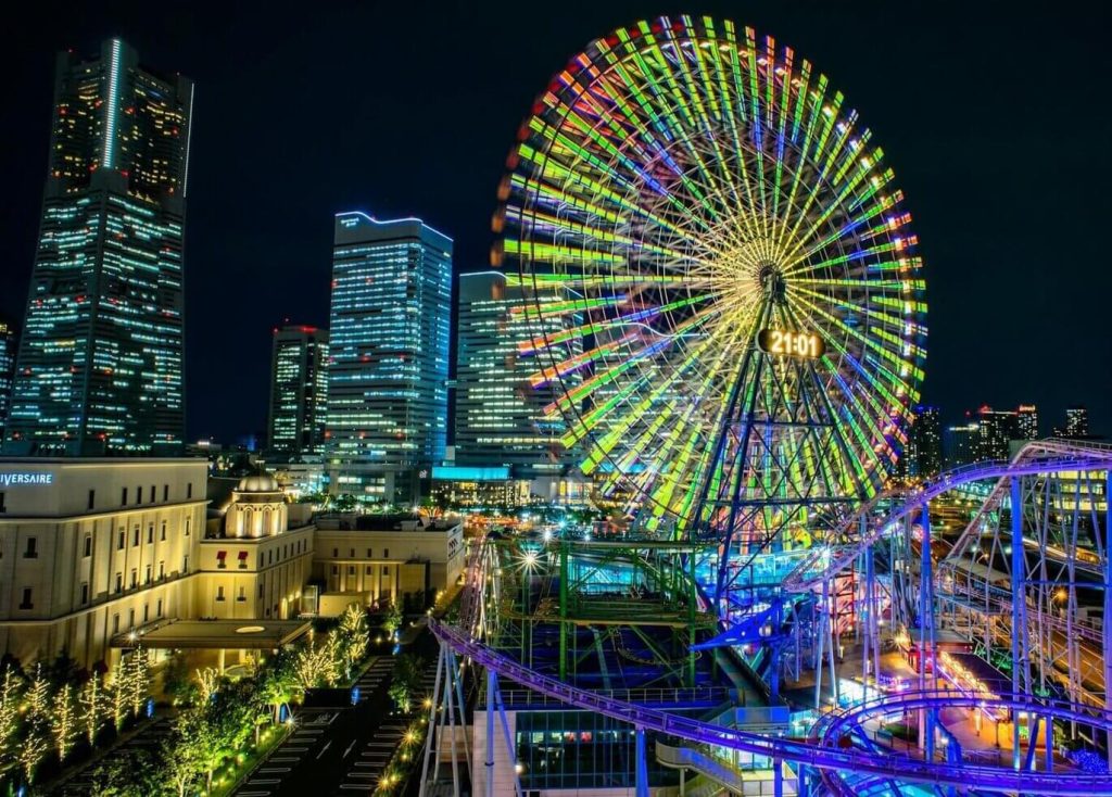 Yokohama Minato Mirai skyline and Ferris wheel at night, near Daikoku PA